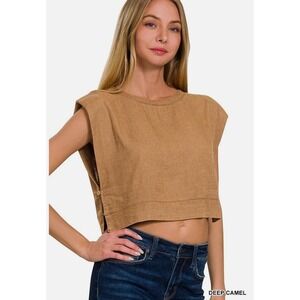 Zenana Womans Deep Camel Cropped Sleeveless Top Shirt Button Side Casual Chic